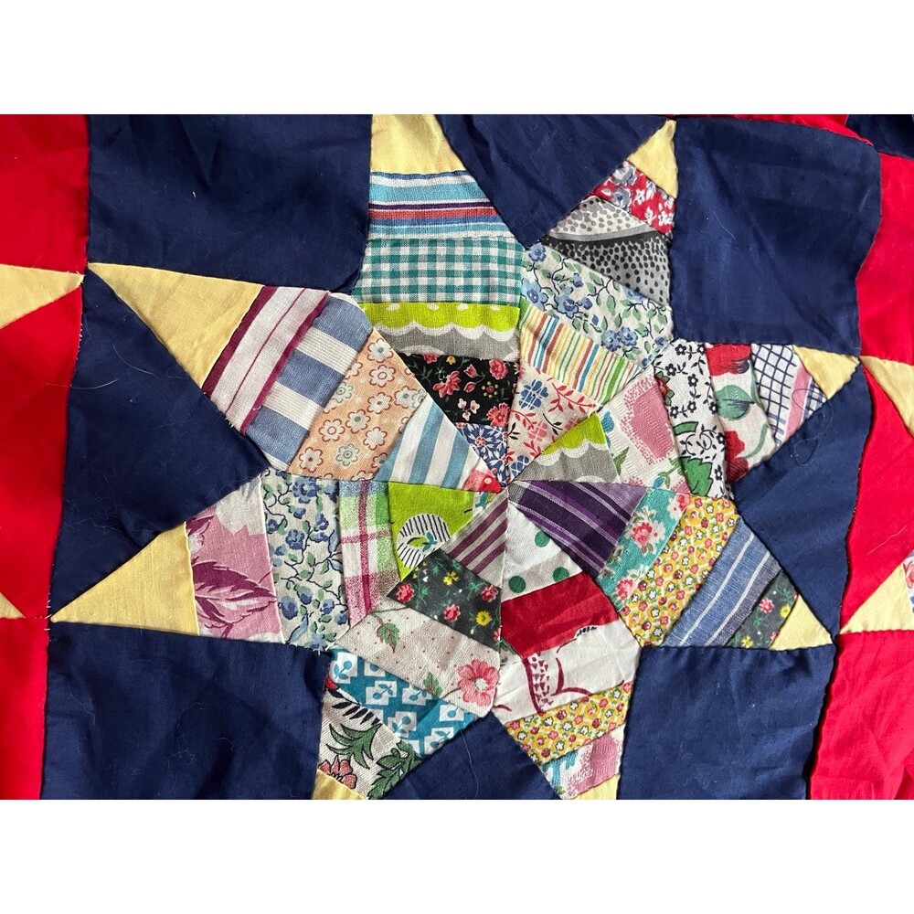 Vintage Handstitched Quilt Topper Red Navy Star Pattern Cottage core 82” x 71” - Picture 3 of 11